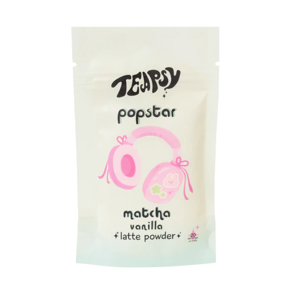 Teapigs popstar matcha vanilla latte powder packaging on a white background