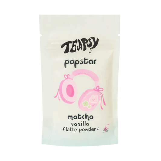 Teapigs popstar matcha vanilla latte powder packaging on a white background