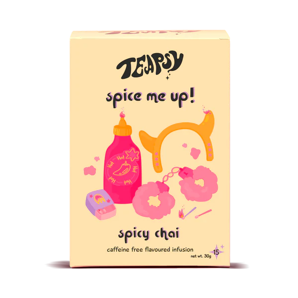Tea box with colorful graphics and text on a white background