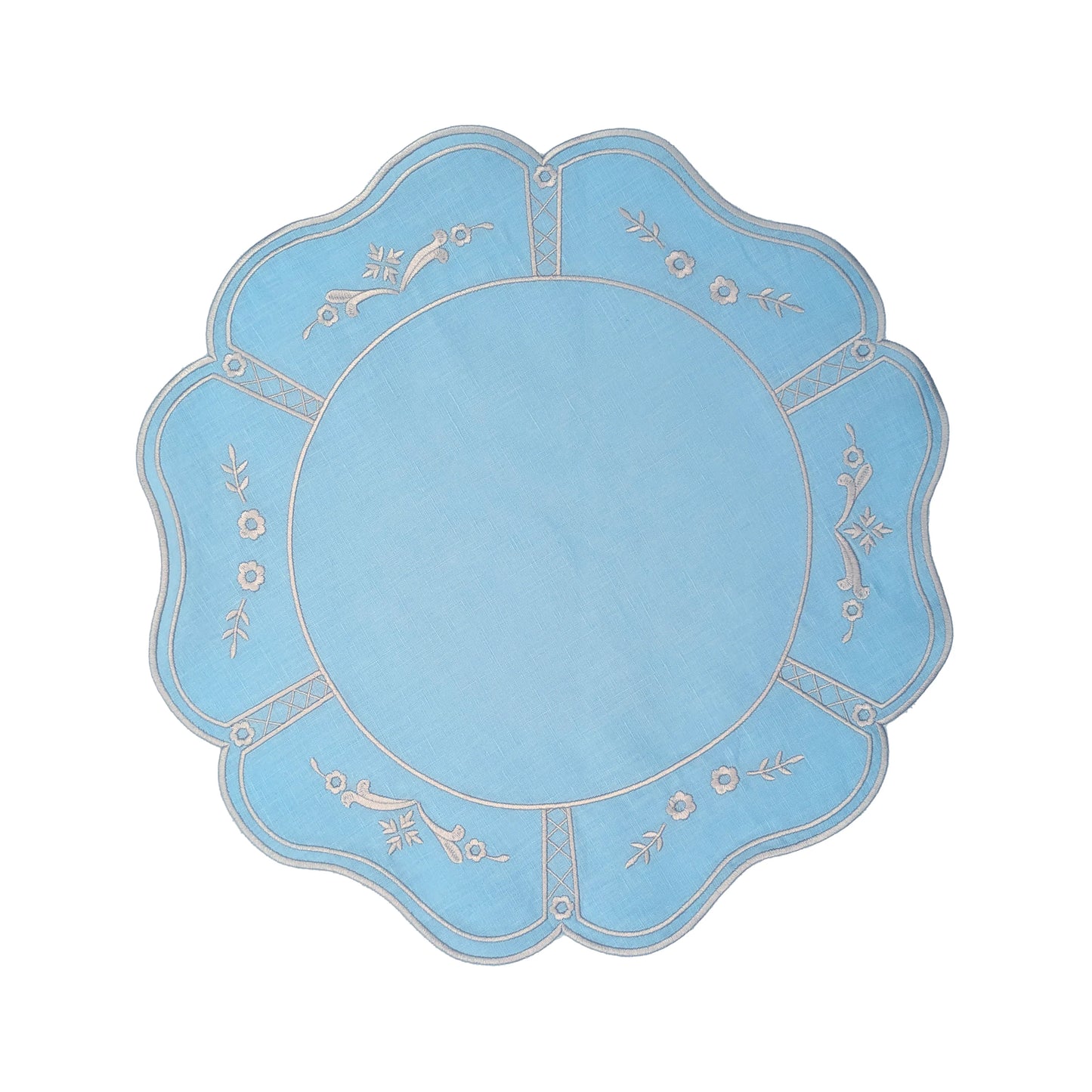 A round, scalloped-edge decorative plate or tray in light blue, featuring a central circular inset and delicate gold floral and vine patterns around the outer rim, shown on a plain white background.