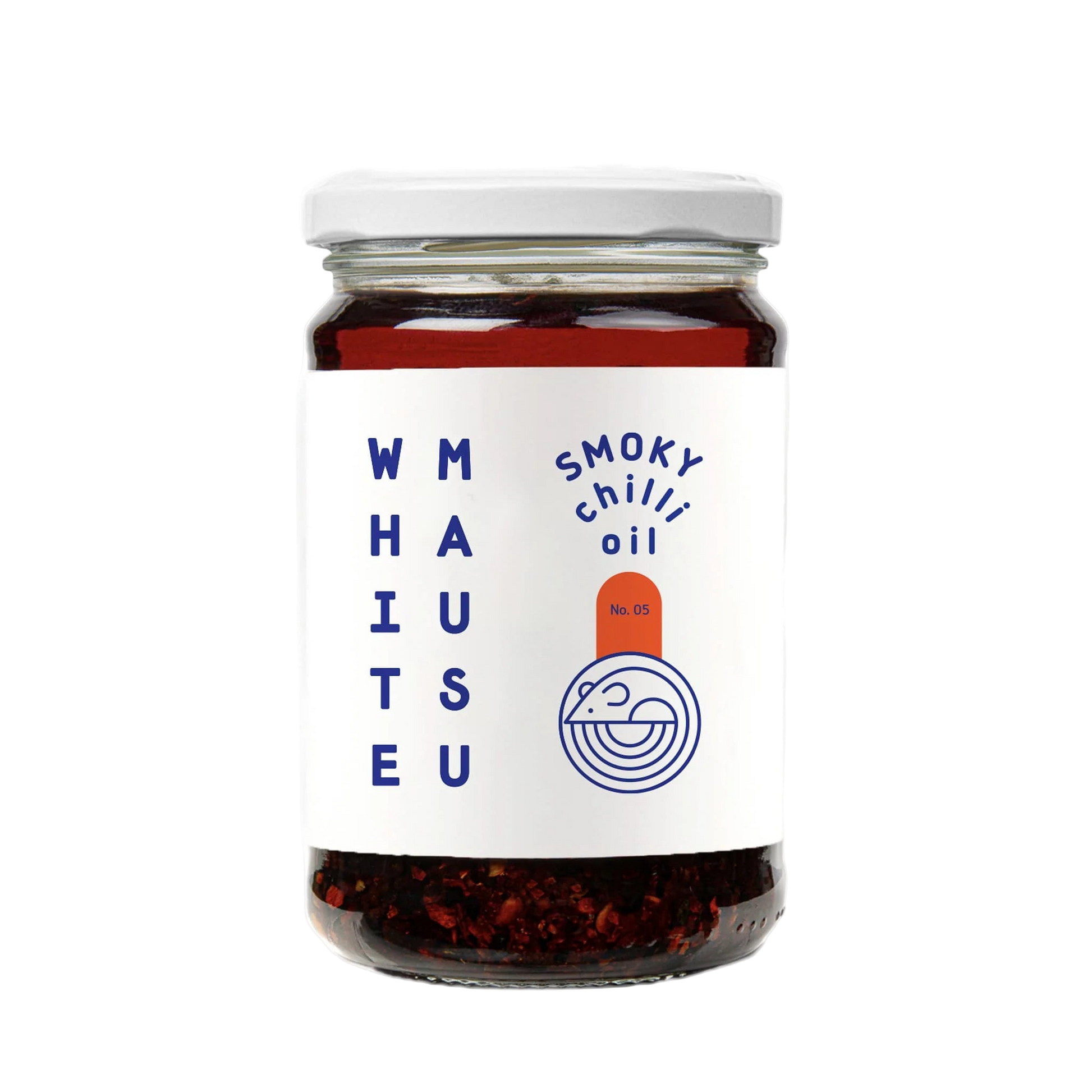 Jar of smoky chili oil with a white label on a white background