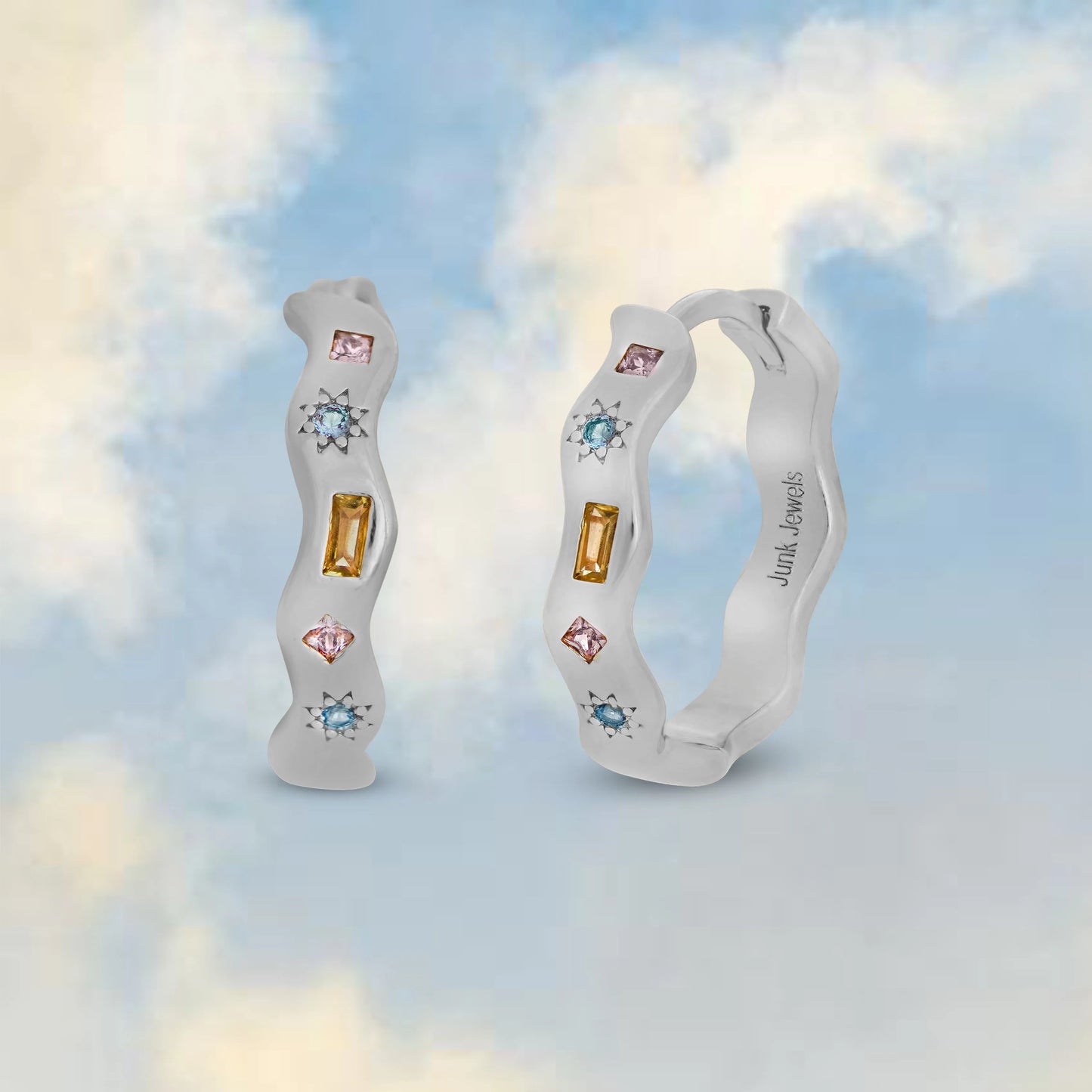 pastel jewelled wiggle hoop earrings in silver