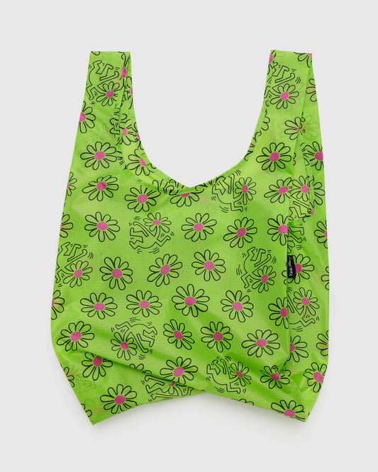 BAGGU x skeith haring standard reusable bag in green and pink  flower print 