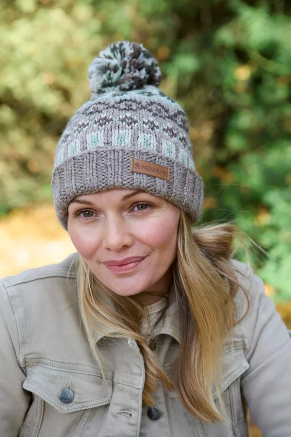 Pachamama Loch Fyne Roll Back Merino Bobble Beanie Green