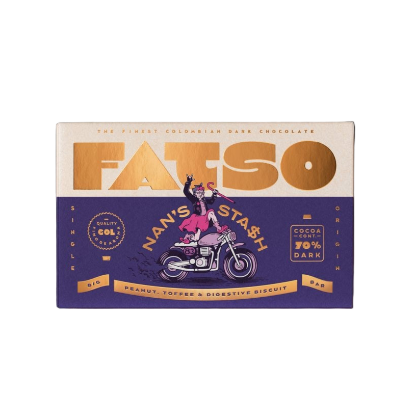 Fatoso chocolate bar packaging with a purple and gold design on a white background