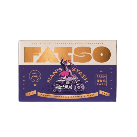 Fatoso chocolate bar packaging with a purple and gold design on a white background