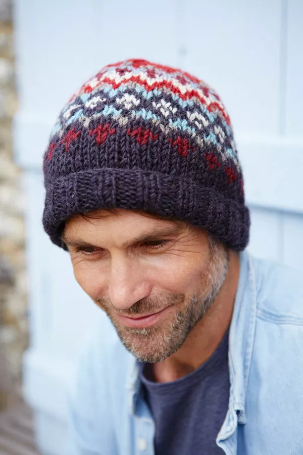 pachamama mens beanie in navy, red and white scandi pattern