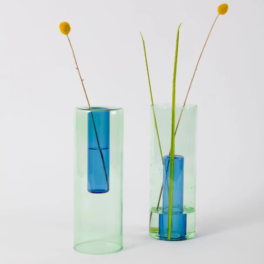 reversible glass vase in green and blue colours