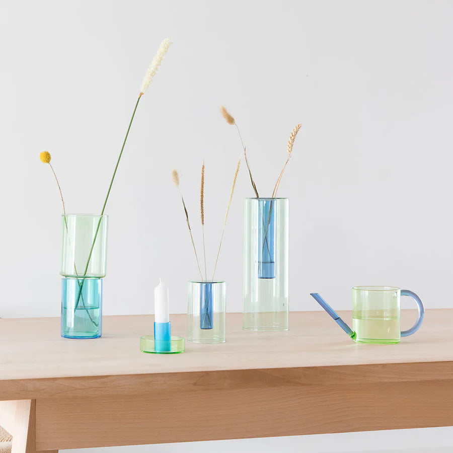 Block Design Reversible Large Glass Vase - Green / Blue