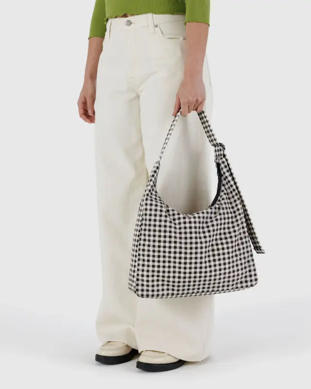 BAGGU Large Nylon Shoulder Bag - Black & White Gingham