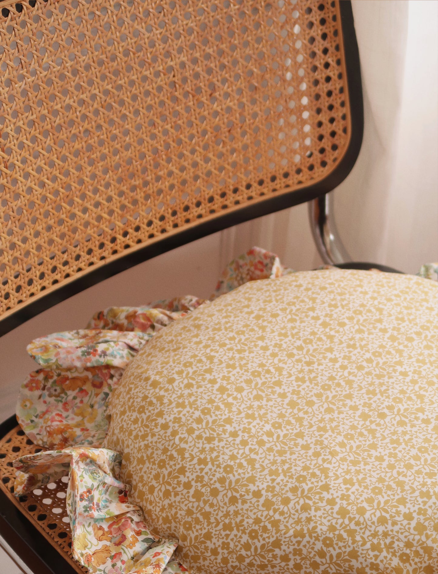 Coco & Wolf Scalloped Ruffle Edge Circle Cushion made with Liberty Fabric Floral Stencil & Felicite