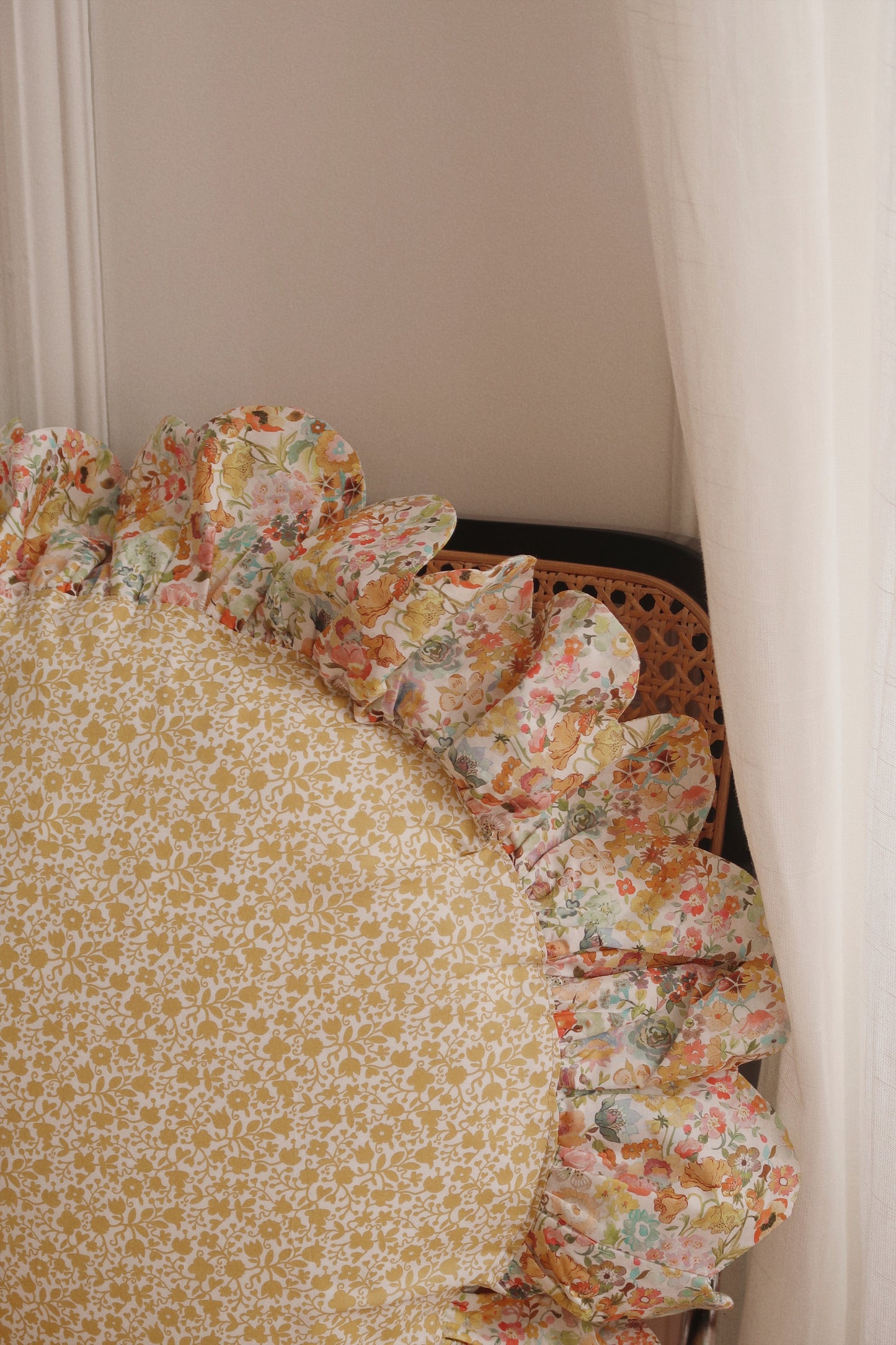 Coco & Wolf Scalloped Ruffle Edge Circle Cushion made with Liberty Fabric Floral Stencil & Felicite