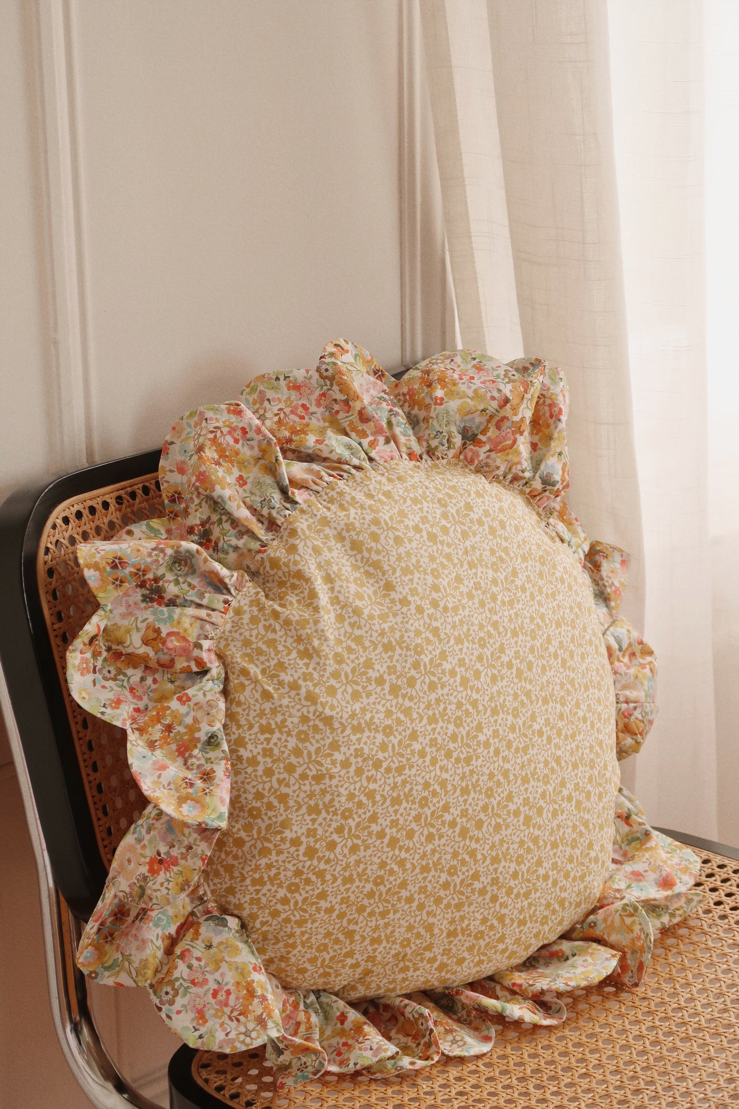 Coco & Wolf Scalloped Ruffle Edge Circle Cushion made with Liberty Fabric Floral Stencil & Felicite