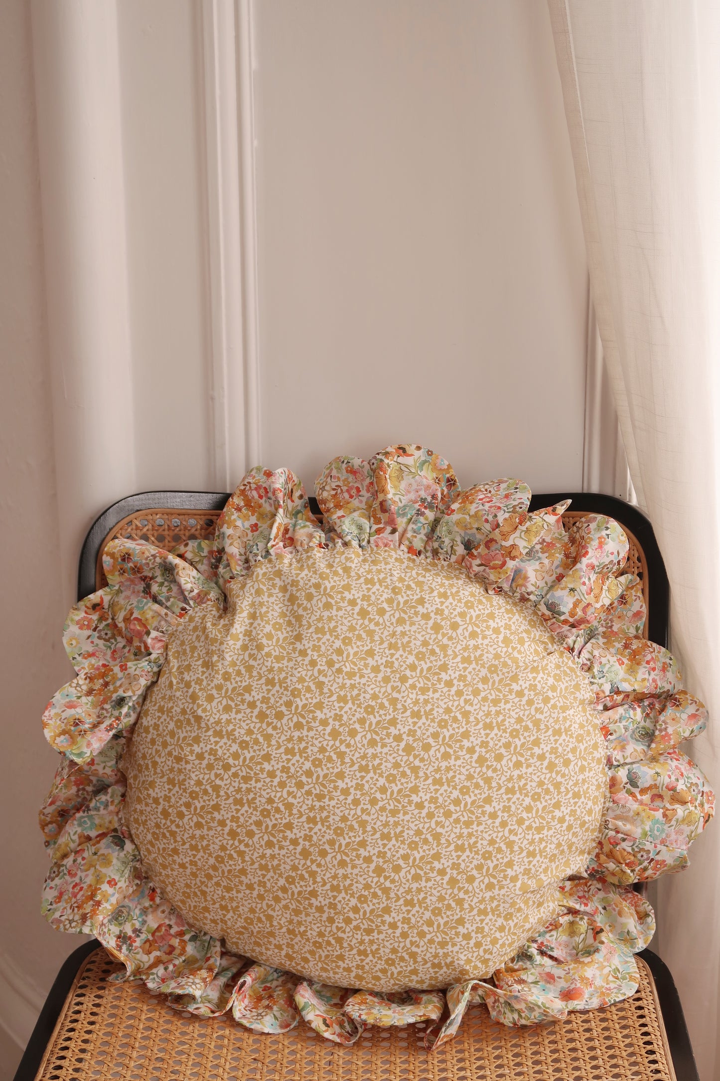 Coco & Wolf Scalloped Ruffle Edge Circle Cushion made with Liberty Fabric Floral Stencil & Felicite