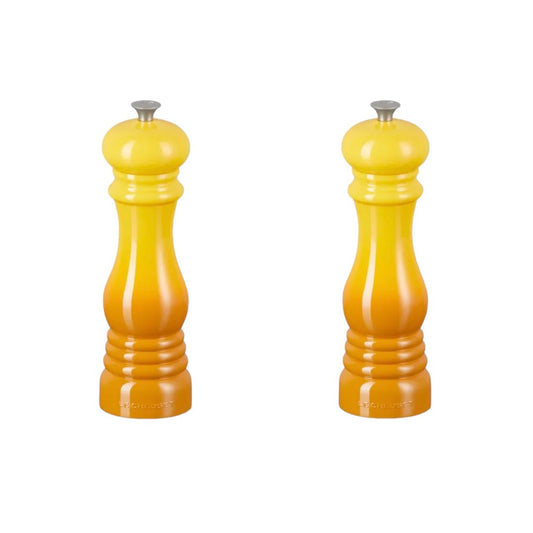 le creuset classic salt and pepper mill set in nectar - a warm yellow colour 