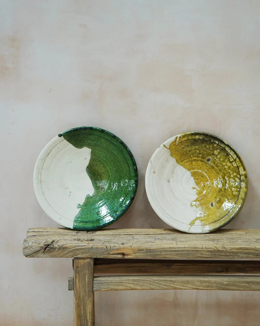 Moroccan White Vintage Tamegroute Serving Platter 50/50 Glaze in Ochre