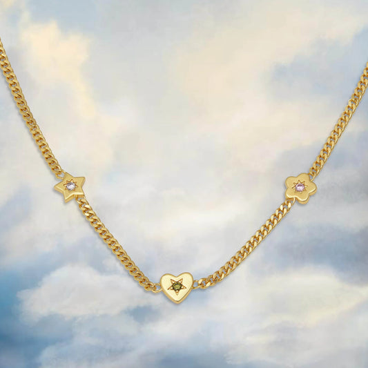 gem gold necklace with 3 charms in gold