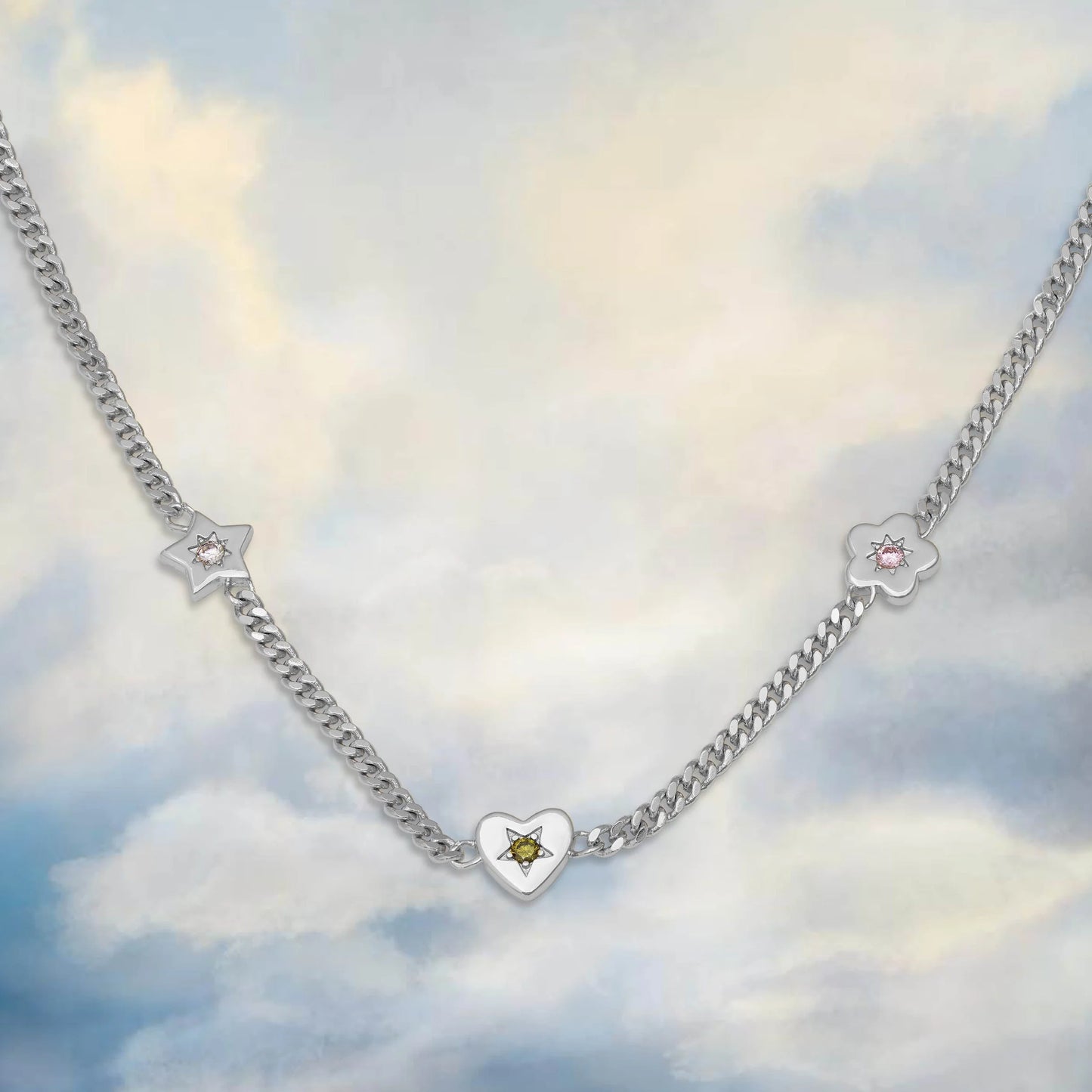 retro gemstone charm necklace in silver