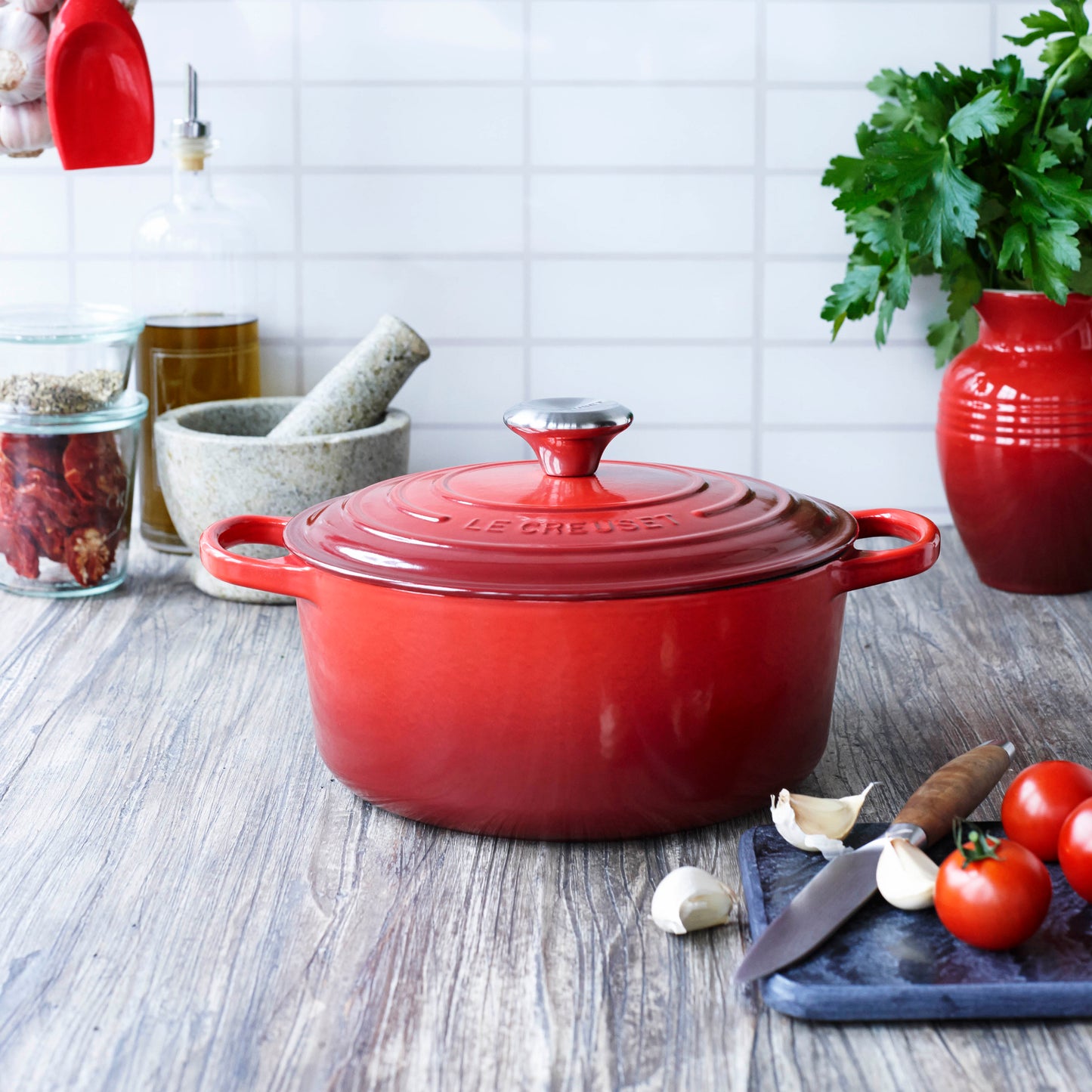 24cm casserole dish red on worktop