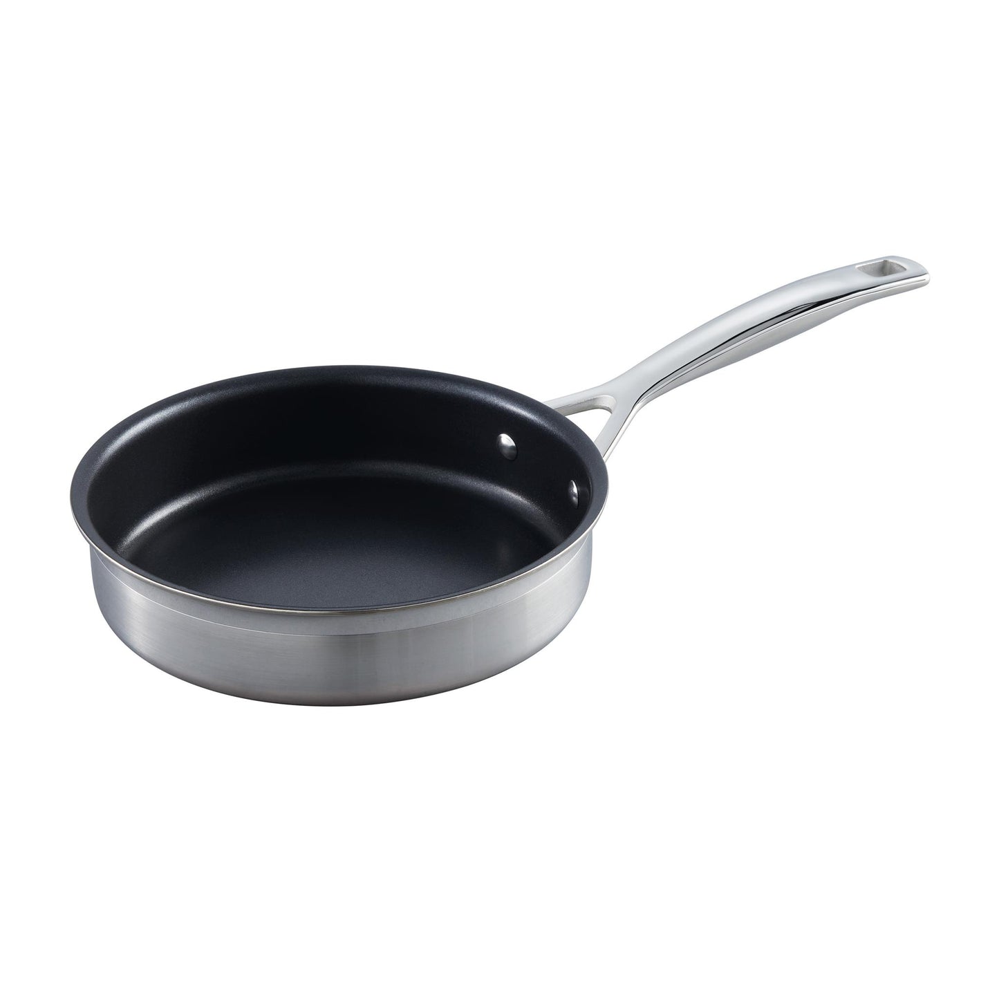The Le Creuset saute pan with stainless steel exterior and handle and black non stick lining
