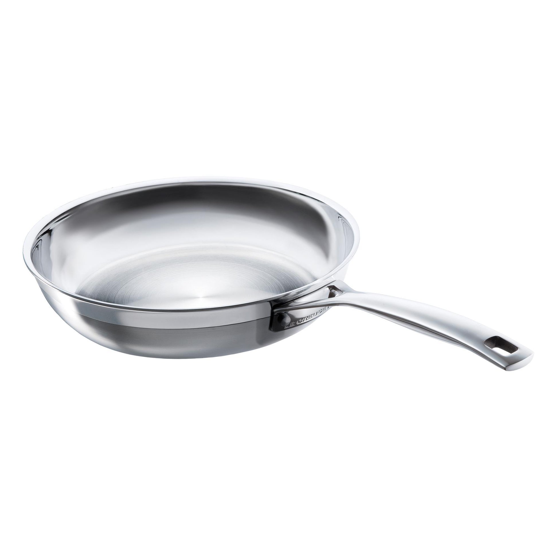 The stainless steel frying pan with metal handle
