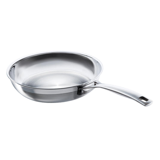 The stainless steel frying pan with metal handle