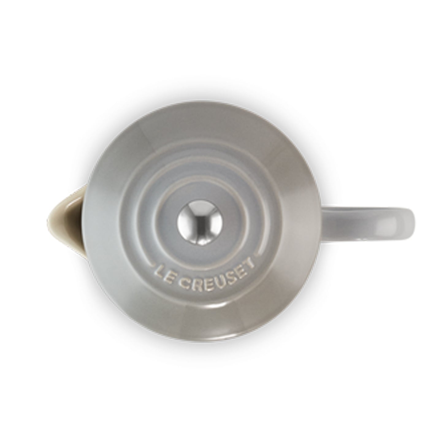 the top of a grey and black french press from Le Creuset