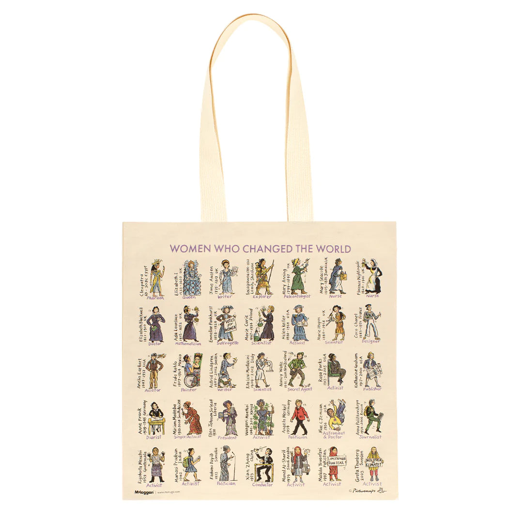 canvas tote with illustration of women who changed the world