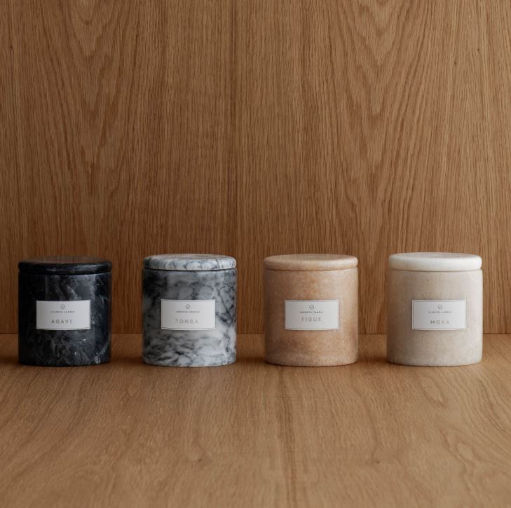 marble candles in charcoal, grey, pink and cream with a wood background