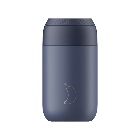 a dark blue coffee cup with leak proof rotating lid