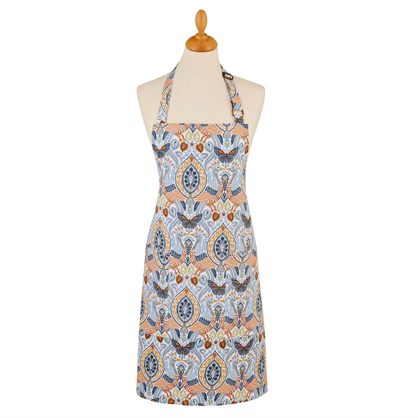 a cotton apron with an intricate pattern of birds, flowers and butterflies with two front pockets