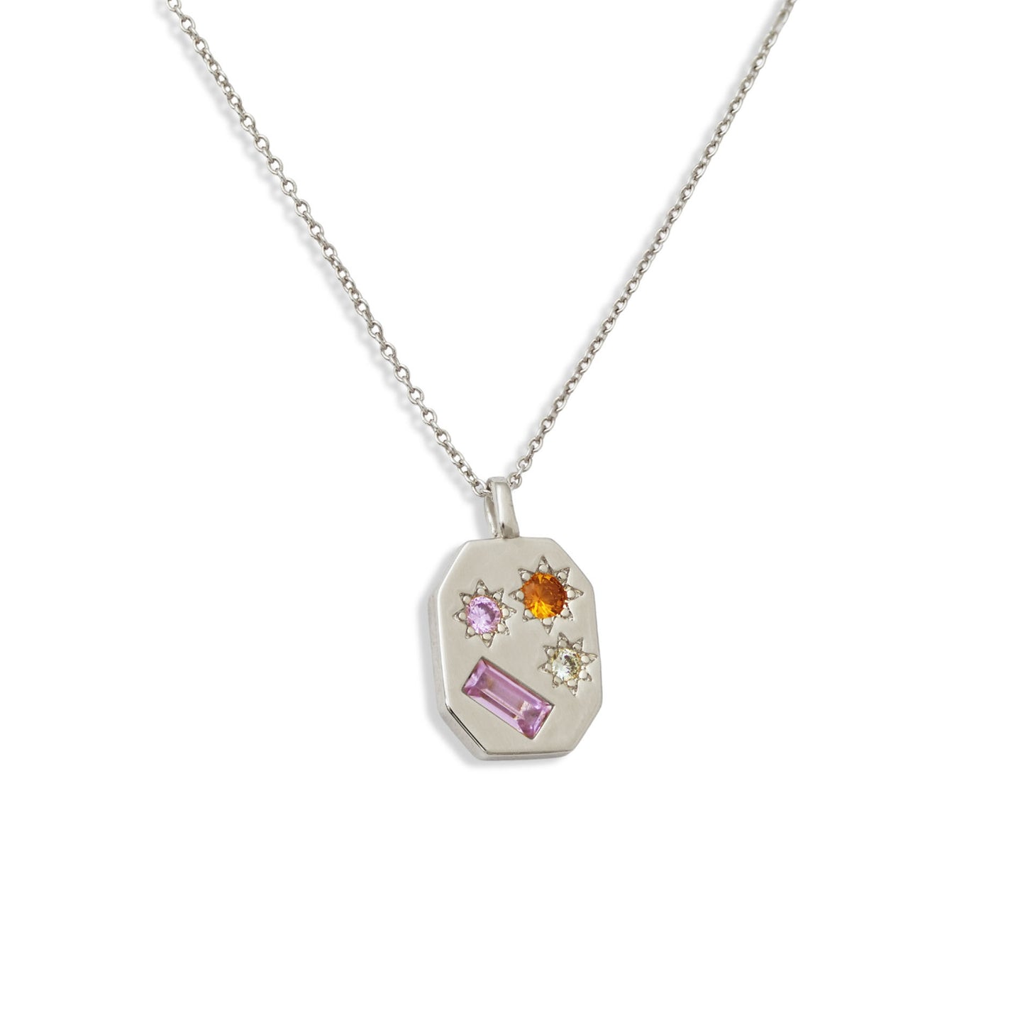 geometric silver pendant with pink orange and green stones