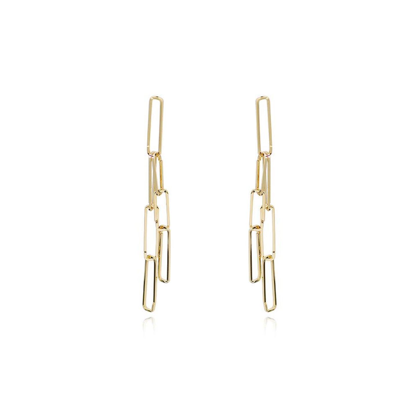 gold drop link earrings on a white background 