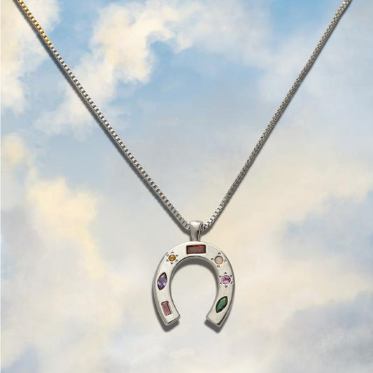 horseshoe pendant charm necklace with rainbow coloured CZ stones
