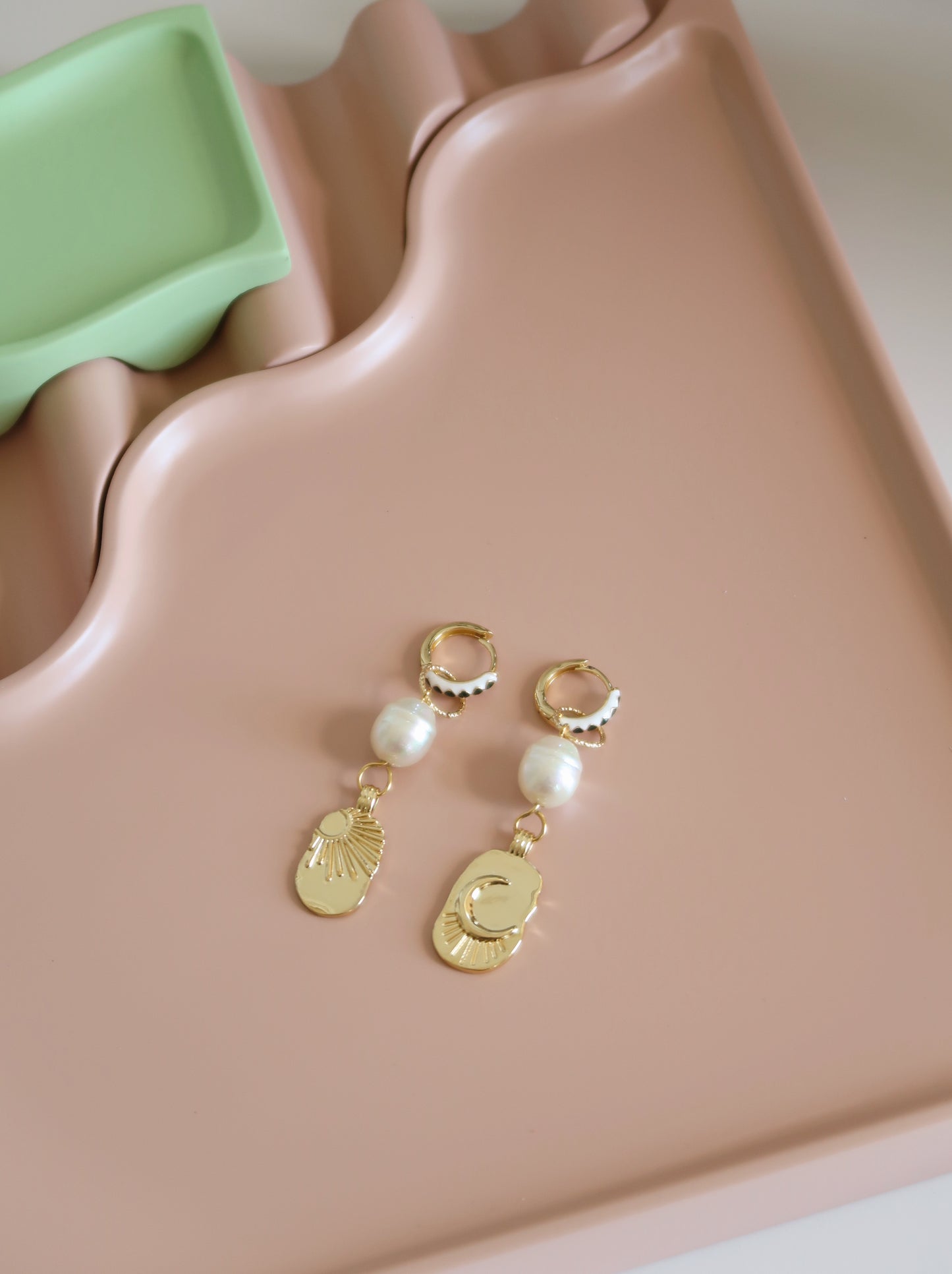 Sun, Moon & Pearl Hoop Earrings
