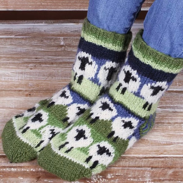 green & navy wool socks with sheep pattern