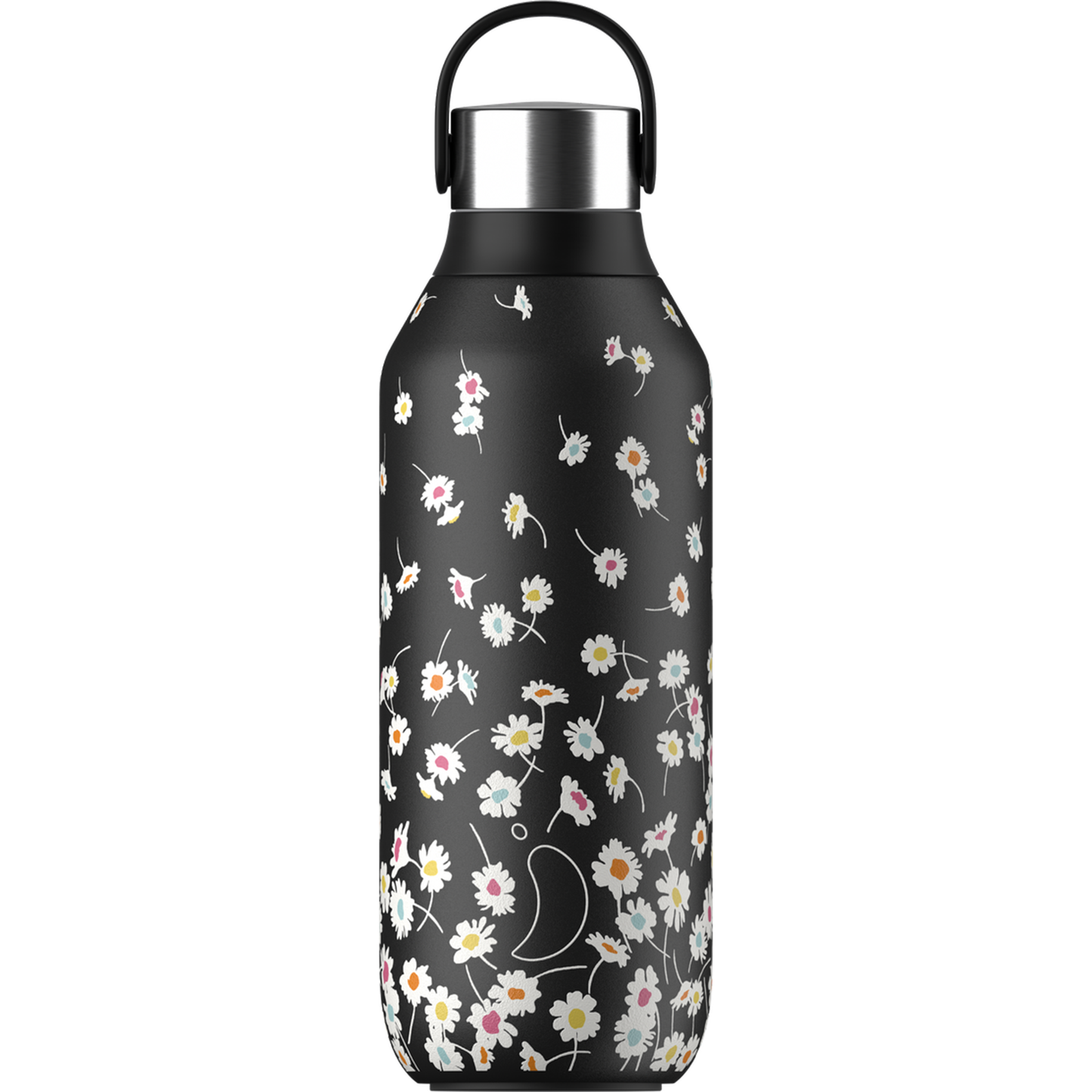 a black water bottle with a daisy design