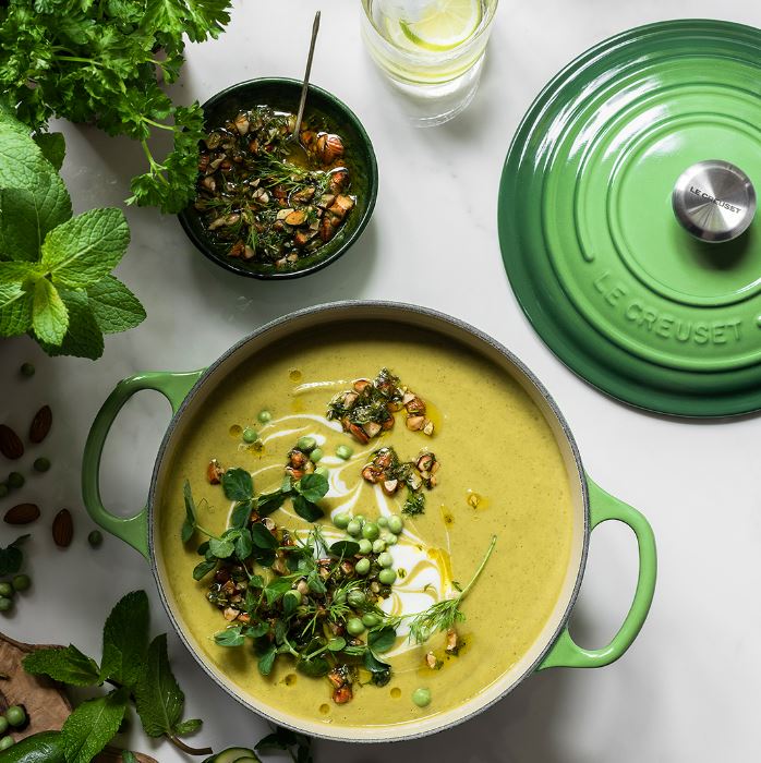 bamboo green open casserole dish with soup