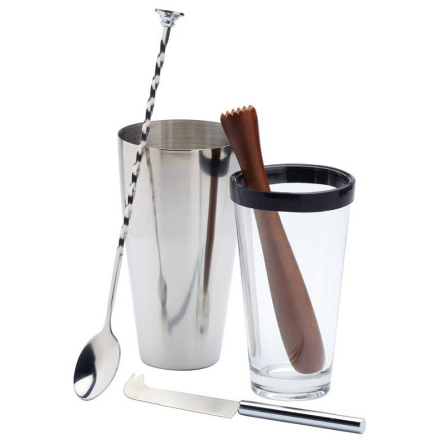 the full set which includes a shaker with glass tumber, a spoon a knife and a muddler