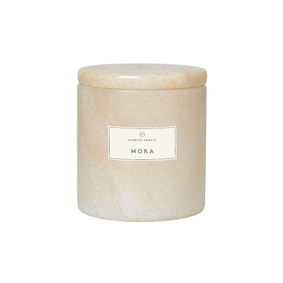 cream marble candle with white lable