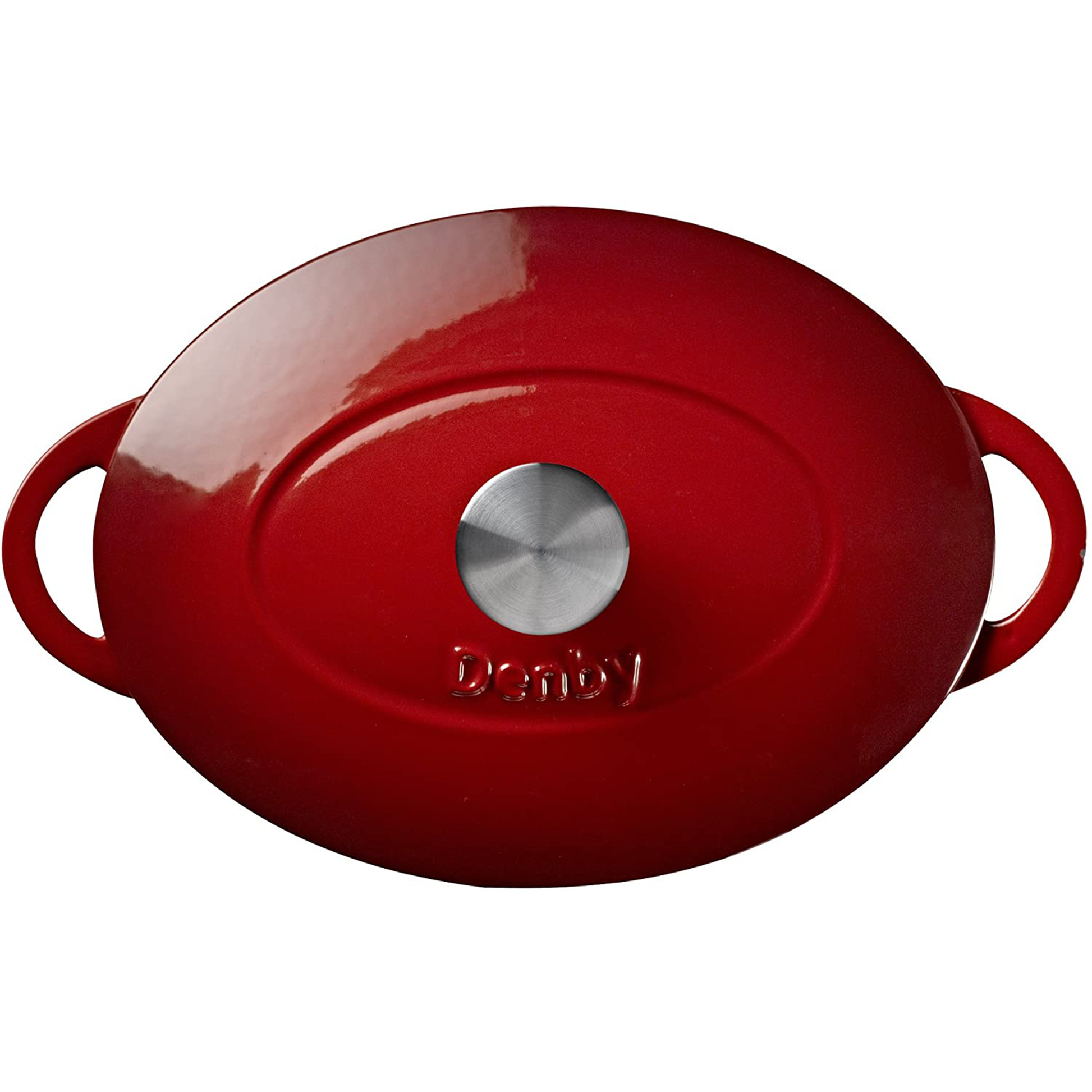 a photo of the red lid with it's stainless steel knob
