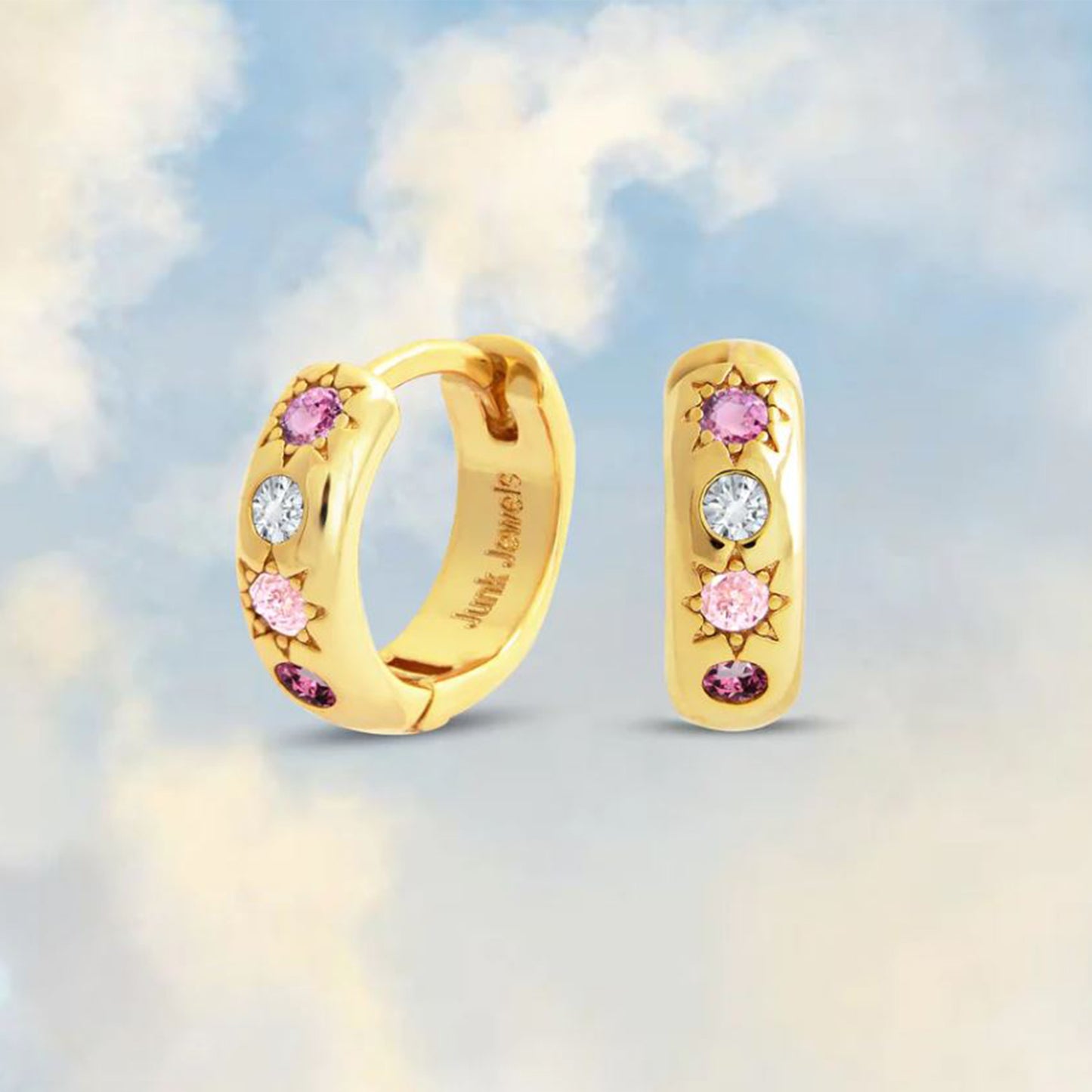 Pink Stone Petite Hoop Earrings in gold