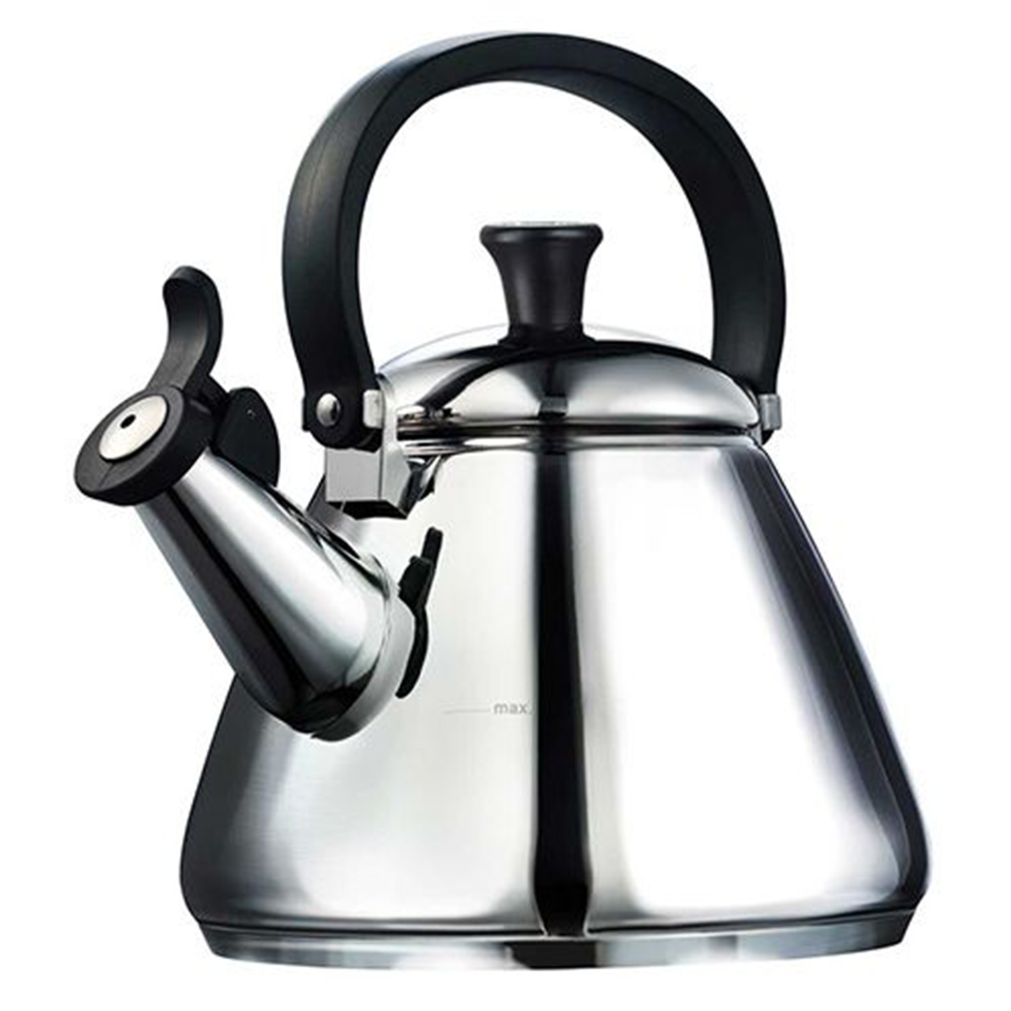 a stainless steel cone shaped kettle with black hadles