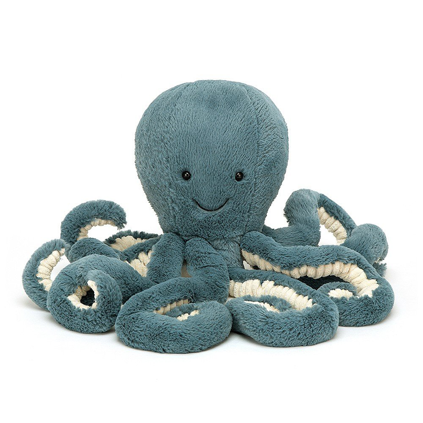 a large blue octopus stuffed animal with a smiley face