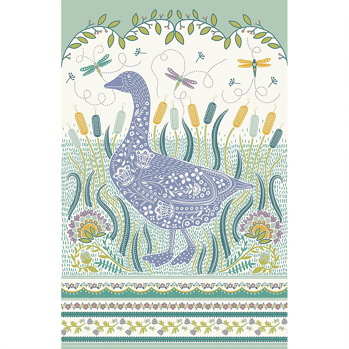 a green and blue tea towel depicting a goose on the shore