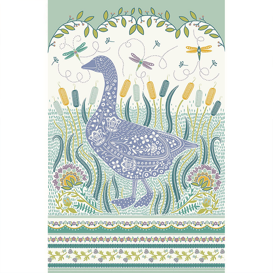 a green and blue tea towel depicting a goose on the shore