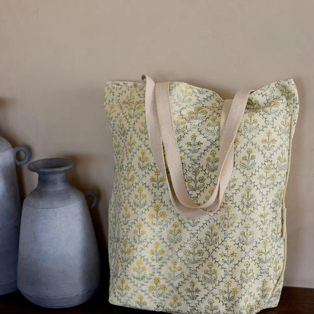 Paper Mirchi Organic Cotton Tote Bag - Floral Lattice Buttercream