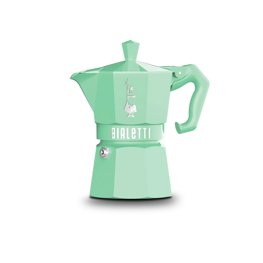 Mint green Bialetti coffee maker on a white background