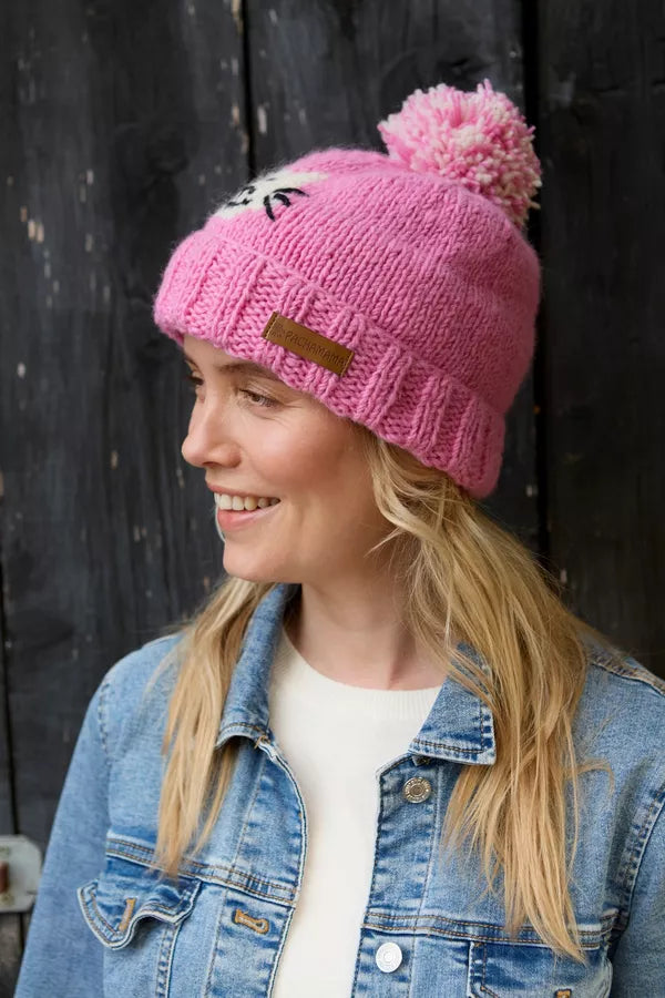 Pachamama Smiley Cat Pink Bobble Beanie