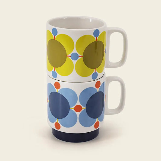 Orla Kiely Atomic flower stackable mugs set of 2 in sky and sunflower 